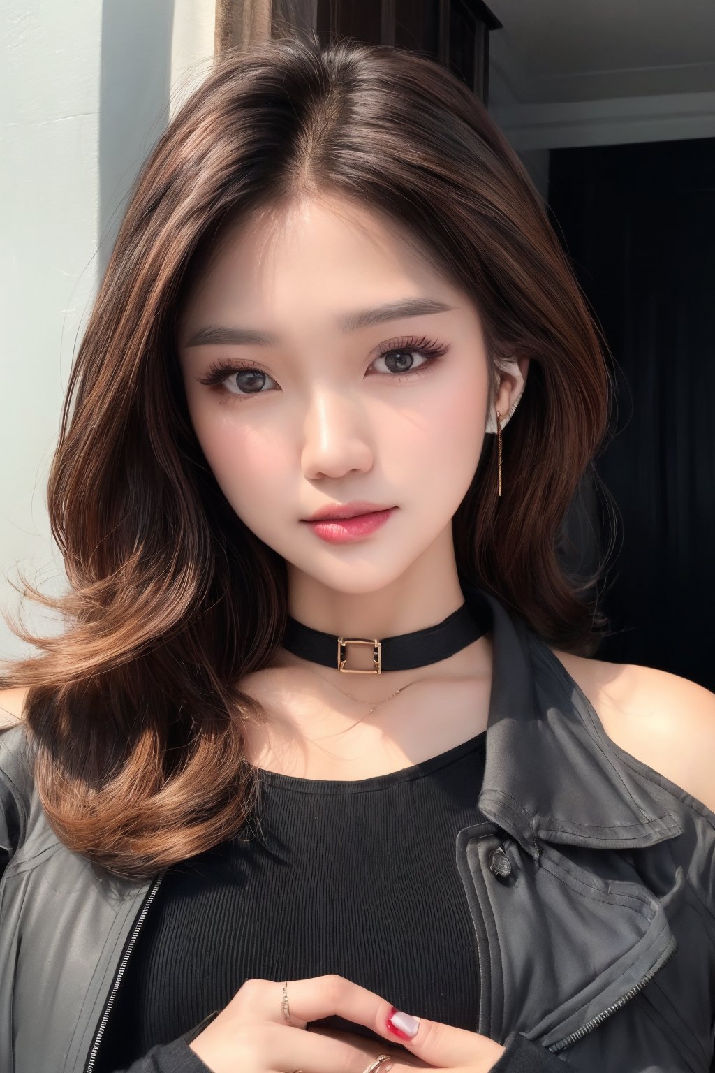 vibrant colors, female, masterpiece, sharp focus, best quality, depth of field, cinematic lighting, ((solo, one woman )), (illustration, 8k CG, extremely detailed), masterpiece, ultra-detailed, 1girl, most beautiful korean girl, Korean beauty model, stunningly beautiful girl, gorgeous girl, 20yo, normal sized eyes, normal eyes, looking at viewer, bangs, (brown hair:1.3), shirt, hair ornament, (red eyes:1.3), long sleeves, hair between eyes, jewelry, closed mouth, collarbone, jacket, grey hair, sidelocks, earrings, open clothes, choker, hairclip, necklace, off shoulder, open jacket, black jacket, black shirt, piercing, hands in pockets