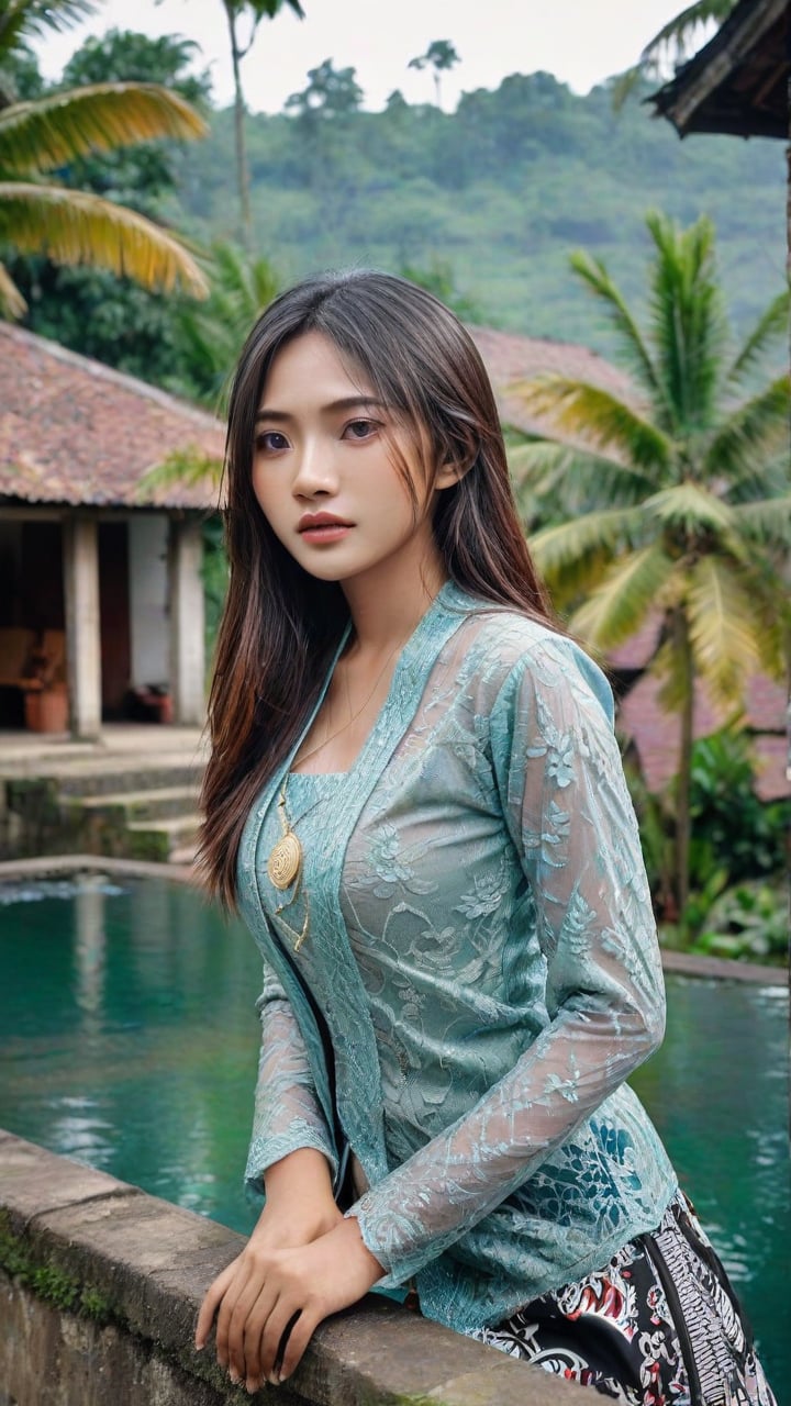 (Photorealistic, hyper_realistic, high_resolution, HD, best_quality, perfect_lighting, more sharpness, more contrast, highly_detailed, Award-winning cinematographer). In a serene traditional village on Central Java, Indonesia, a stunning 18-year-old asian girl with long hair and mesmerizing brown eyes gazes directly at the camera. Her wet lips subtly curve as she wears an exquisite blue Javanese Kebaya. The soft glow of misty mountains and lush plants dissolves into the distance, creating a dreamlike atmosphere. Vibrant colors blend harmoniously, casting a surreal spell. (more_contrast, more_realistic, more_detailed), upper-body