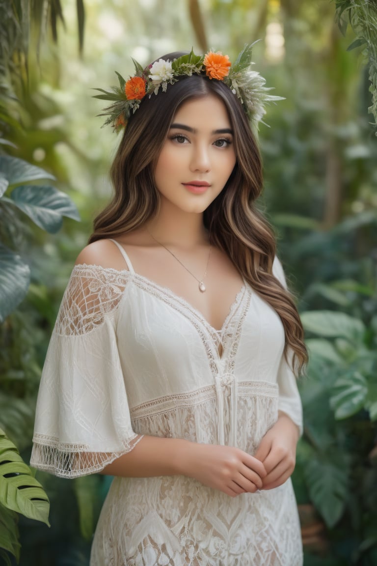 Young woman with a boho style, fingers interlaced with precision amidst a lush garden setting, photorealistic depiction, detailed foliage in the background, portrait, soft natural light filtering through treetops, intricate lace details on her clothing, vivid colors, ultra-realistic, natural light, highly detailed.