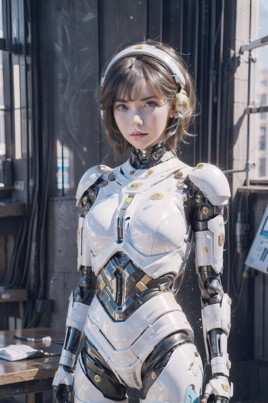 (masterpiece), full body, with high technology motorcycle in her back, science fiction, scenery,  1girl, short hair, bangs, aqua hair color, light blue eyes, mecha headgear, sci-fi bodysuits, 