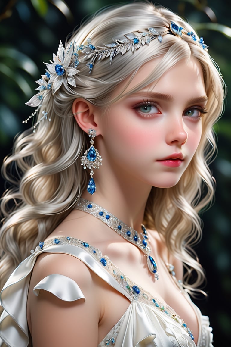 a silver hair girl, portrait, delicately rendered but majestically scaled jewelry hair ornament, medium hair, silver hair ornament, (beautiful straight hair), bangs, jewelry, earrings. white dress, (masterpiece, top quality, best quality, official art, beautiful and aesthetic:1.2), (1girl:1.4), portrait, extreme detailed, highest detailed, simple background, 16k, high resolution, perfect dynamic composition, (sharp focus:1.2), super wide angle, high angle, high color contrast, medium wide shot, depth of field, blurry background, look at viewer, cinematic lighting, highest detailed eyes, DonMM1y4XL,Extremely Realistic,b3rli,lun4,ZeeJKT48,elizabeth olsen,scarlett johansson,EmmaWatson