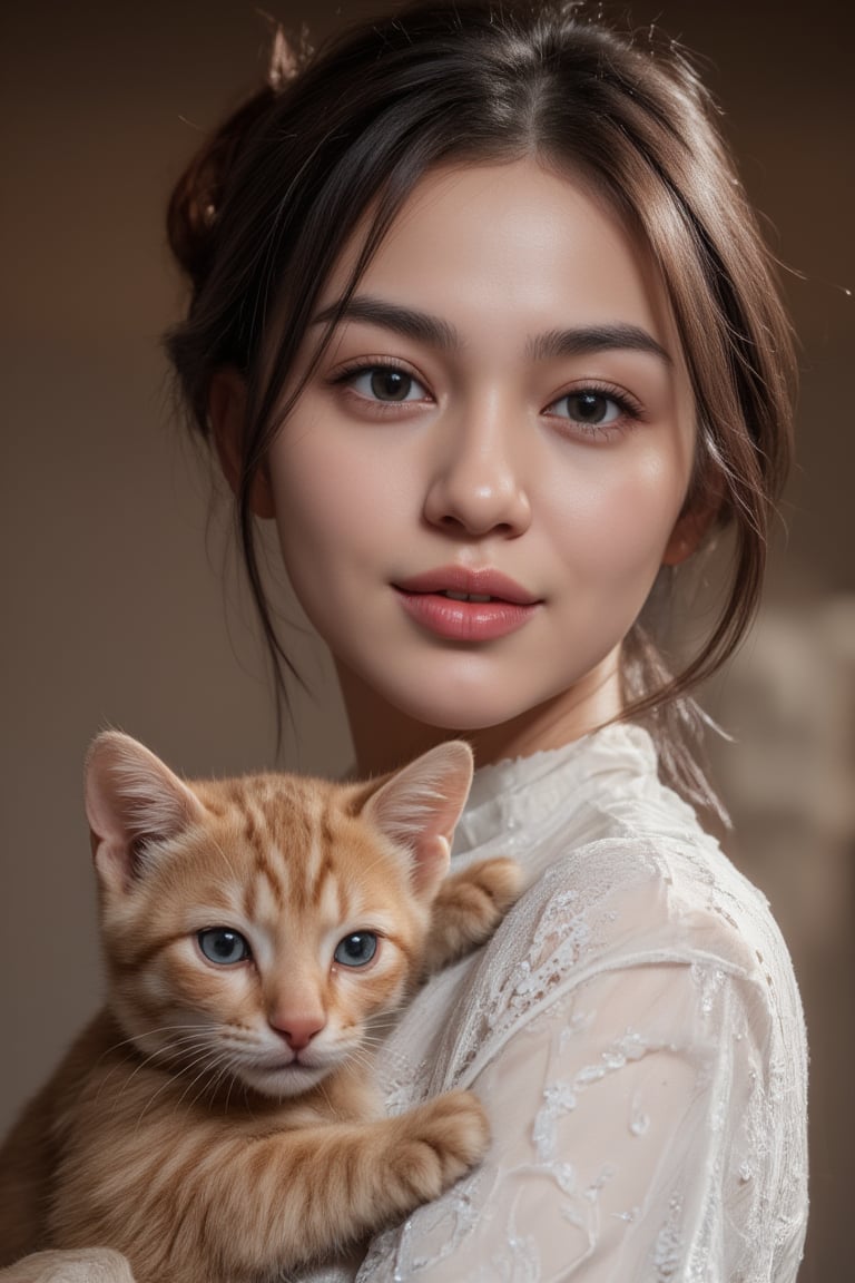 Full body,a close up portrait of a young beautiful artist, beautiful eyes, chignon, black hair with dark brown streak hair, bright clean skin, old art studio background, vintage background,  Art tools in the background, nice mood, holding a beautiful ginger cat in her arm, small bandanna, art tools, paper rolls, vintage coffee cups,ncg, flat colors, 1girl, most beautiful korean girl, Korean beauty model, idol face, gorgeous girl, an extremely cute and beautiful girl, highly detailed beautiful face and eyes, over sized eyes, big eyes, smiling, 18 year old gravure model, perfect body, looking at viewer