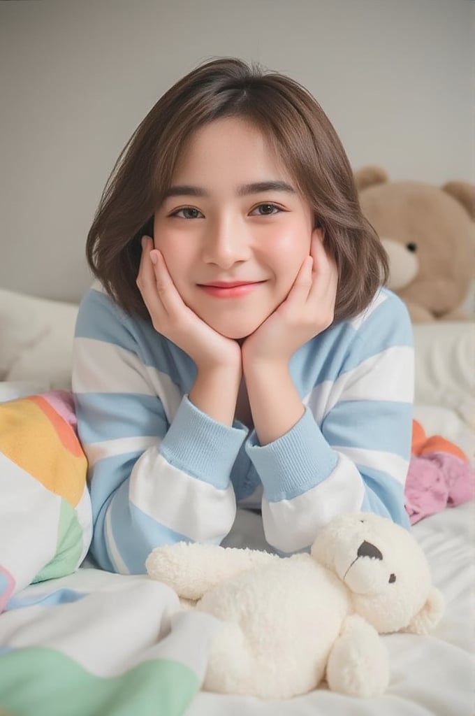 Thai girl, 24 years old with short light brown hair and gradients brown eyes is lying on a bed with her hands on her face. She is wearing a cottoncandy and blue striped sweater, and her hands are resting on her chin. She has a white teddy bear in her lap, and a white blanket draped over her. The blanket is adorned with a variety of colors, including yellow, green, orange, and pink. She is smiling. The backdrop is blurred, with a teddy in the background, blurry_foreground 