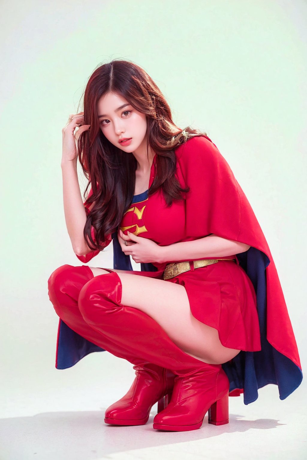 Supergirl, Red knee-high heel boots, Supergirl's tight uniform, Red miniskirt, The red cloak, White background, Whole body, Giant chests, Chinese girl, full body, Red knee-high heel boots, Supergirl even wears the system, Half squatting on the ground,Black stockings,Fake breasts,frey4