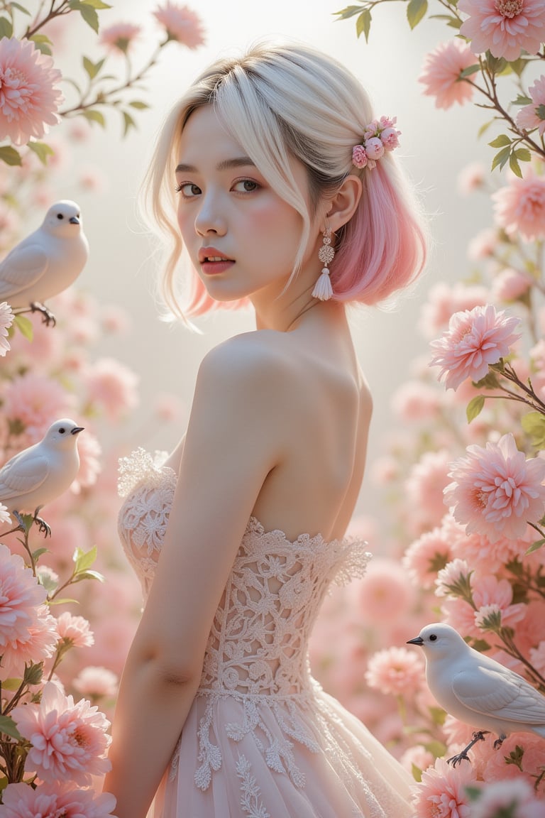 A serene young beauty, her short white and pink hair locks cascading down her back, radiates elegance in a lace gown that hugs her slender frame. Softly lit, her pale skin glows amidst a whimsical backdrop of birds and blooming flowers, their intricate details adding to the visual feast. Delicate lace patterns dance across her dress, as she strikes a gentle pose, exuding innocence and charm.,Enhanced all,luxury style