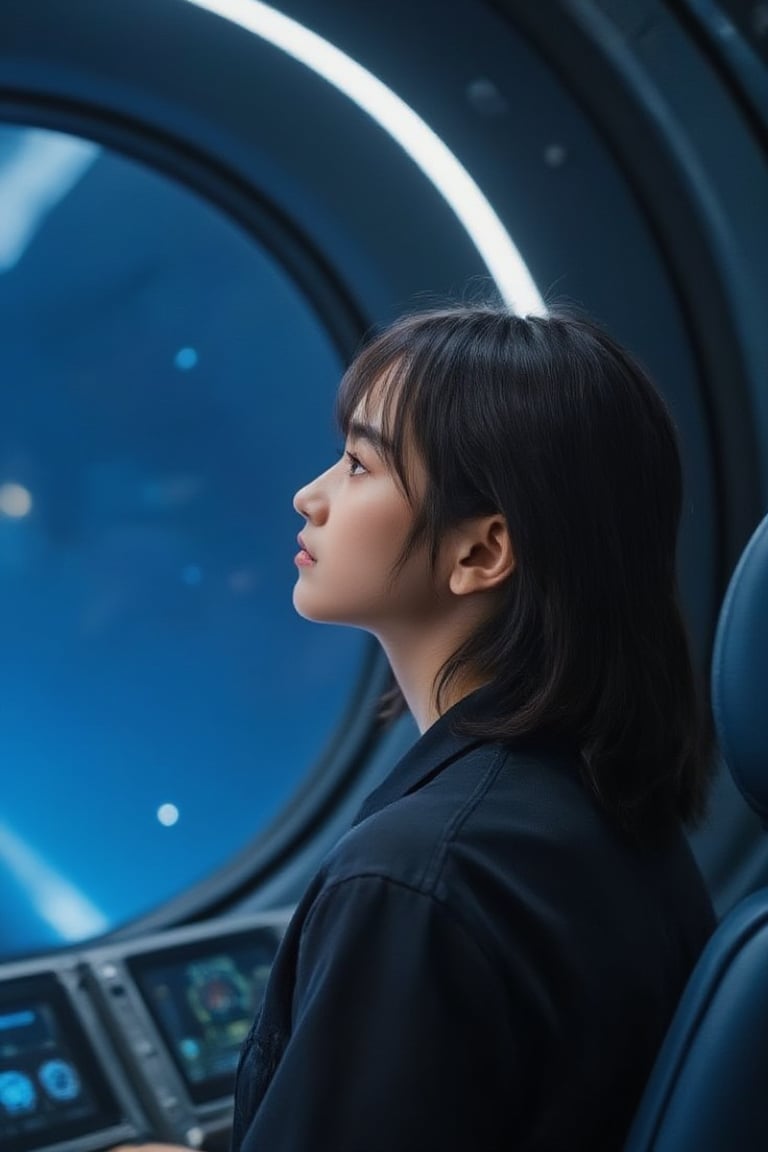 A tight framing captures the young girl's face, her eyes absorbed in the celestial canvas outside the spacecraft's glass dome. Soft blue lighting within the ship illuminates her dark hair tied back in a ponytail, casting a warm glow on her skin. The dimly lit atmosphere reveals only subtle hints of instrument panels and control stations behind her, while her contemplative gaze seems lost in thought, pondering the mysteries of the universe.