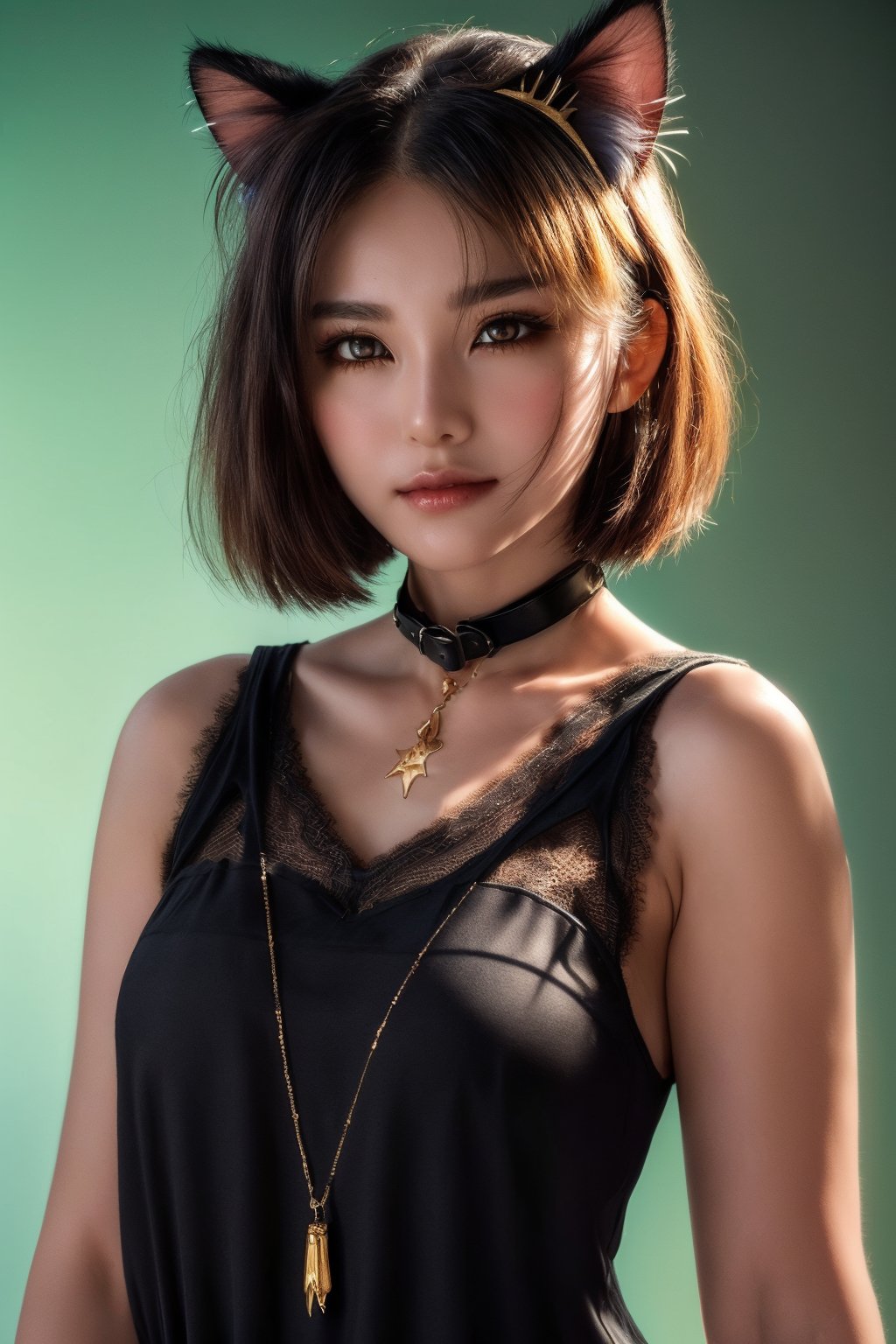 (photorealistic:1.4), (anime colored:1.5),(masterpiece, sidelights, exquisite gentle eyes), (character focus,face focus, close to viewer, portrait, masterpiece) , realistic skin, cute face, 3D face, (black long hair), (blunt bangs:1.3),(1girl, most beautiful korean girl, stunningly beautiful girl, gorgeous girl, 18yo, over sized eyes, big eyes, looking at viewer), (gold eyes:1.3), (cowboy shot:1.5), (sleeveless lace black sundress :1.5), (kind face), (bell on collar:1.3), (cat ears,cat tails:1.3), (cute face), (happy:1.5), Gentle face,(medium breasts), (gradient background), (glowing eyes), neat and clean, adorable, Slim Body,(tsurime:1.5), shiny hair, shiny skin,masterpiece