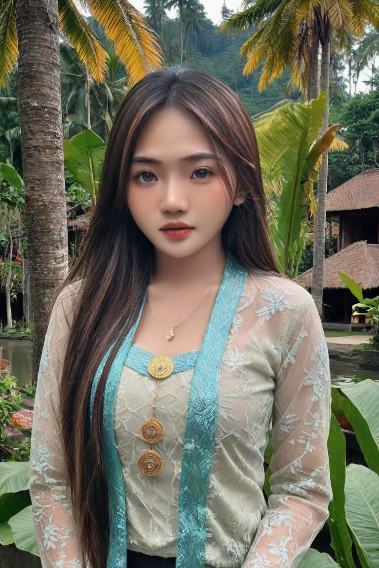 (Photorealistic, hyper_realistic, high_resolution, HD, best_quality, perfect_lighting, more sharpness, more contrast, highly_detailed, Award-winning cinematographer). In a serene traditional village on Central Java, Indonesia, a stunning 18-year-old asian girl with long hair and mesmerizing brown eyes looking directly at the camera. Her wet lips subtly curve as she wears an exquisite blue Javanese Kebaya. The soft glow of misty mountains and lush plants dissolves into the distance, creating a dreamlike atmosphere. Vibrant colors blend harmoniously, casting a surreal spell. (more_contrast, more_realistic, more_detailed), upper-body, portrait, looking at viewer