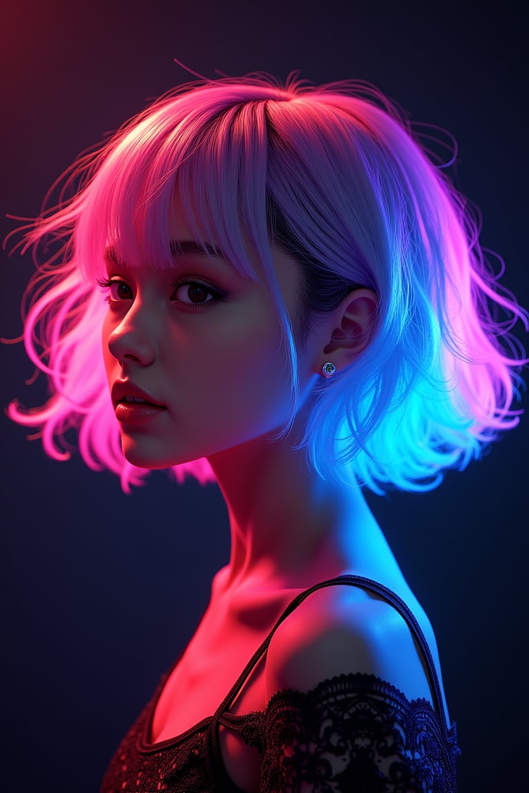 A hyperrealistic portrait of a kawaii girl with short, curly, wavy neon rainbow light hair cascading down her back like a Technicolor dream. Her natural white skin glows with a soft luminescence against the dark studio's cyberpunk backdrop, adorned with intricate lace patterns. Rendered in Octane, every detail shines with photorealistic precision.