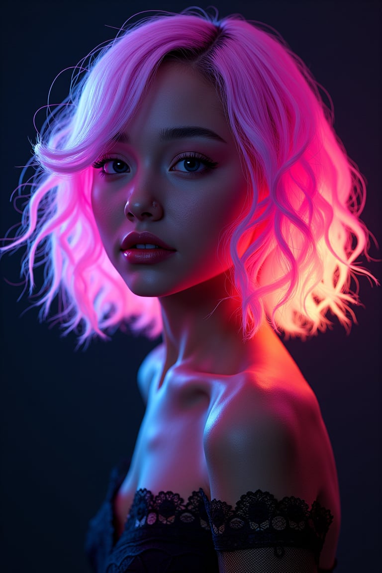 A hyperrealistic portrait of a kawaii girl with short, curly, wavy neon rainbow light hair cascading down her back like a Technicolor dream. Her natural skin glows with a soft luminescence against the dark studio's cyberpunk backdrop, adorned with intricate lace patterns. Rendered in Octane, every detail shines with photorealistic precision.