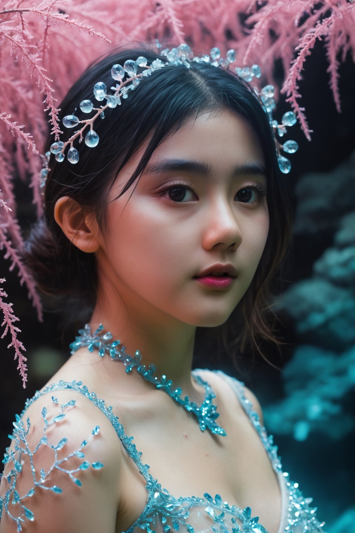 HONG KONG Girl ((September Ai)) with brown colour skin, AQUA short messy hair, 

photo RAW, (Black, pink, fuchsia, red : Portrait of a ghostly long tailed crystal, white ice crystals, opal snowflakes, rose gold minerals, woman, shiny aura, highly detailed, frozen organically grown crystals, gold and pearl filigree, intricate motifs, organic tracery, Kirnan Shipka, Januz Miralles, Hikari Shimoda, glowing stardust by W. Zelmer, perfect composition, smooth, sharp focus, sparkling particles, lively coral reef background Realistic, realism, hd, 35mm photograph, 8k), masterpiece, award winning photography, natural light, perfect composition, high detail, hyper realistic ,
,gh3a