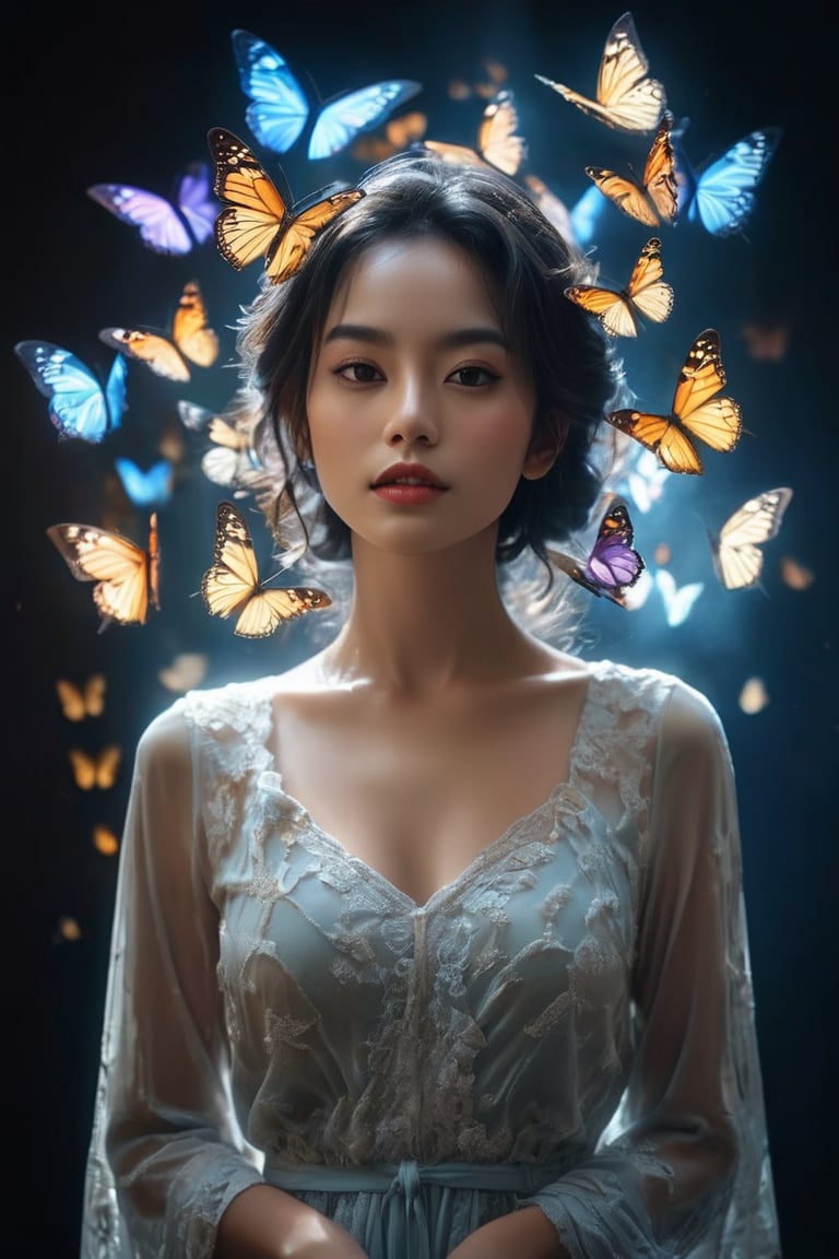 ((masterpiece)), ((best quality)), (((photo Realistic))), (portrait photo), (8k, RAW photo, best quality, masterpiece:1.2), (realistic, photo-realistic:1.3). A stunning, high-resolution photograph of a young woman standing in the center of a dark room, illuminated by a myriad of butterfly-like light projections. Her body emanates a soft, ethereal glow, as if she is undergoing an inner metamorphosis. The butterflies of light swirl around her, creating a mesmerizing dance of color and movement. The darkness of the room is transformed into a radiant, otherworldly oasis, symbolizing the process of change and growth. The woman's serene expression conveys a sense of peace and enlightenment, as if she has embraced the transformation with open arms.epic, short hair, fine art, shabby chic, boho gypsy, bohemian, gothic, rococco, marquise,lady, delicate portrait, dark fantasy, 