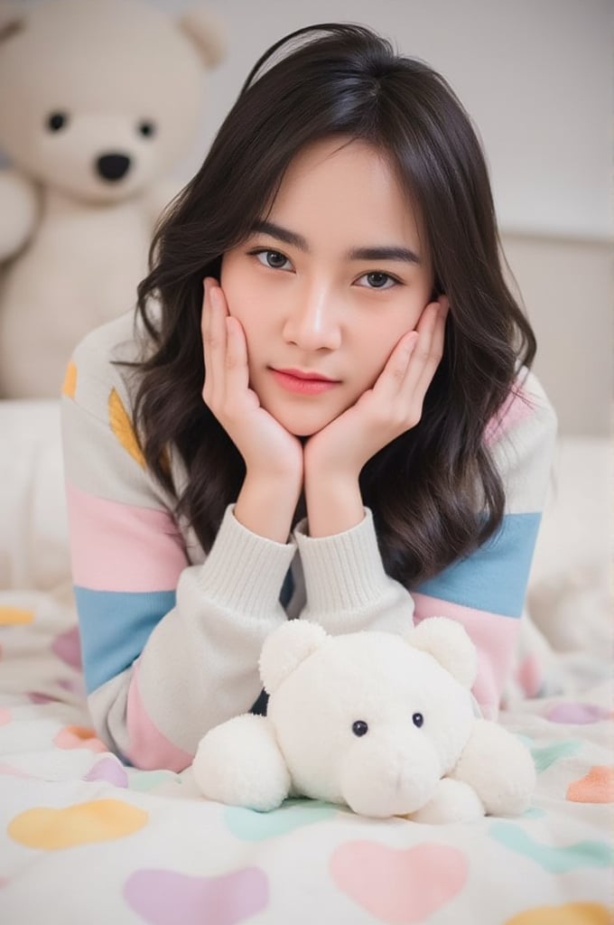 Thai girl, 24 years old with long dark brown hair and gradients brown  eyes is lying on a bed with her hands on her face. She is wearing a cottoncandy and blue striped sweater, and her hands are resting on her chin. She has a white teddy bear in her lap, and a white blanket draped over her. The blanket is adorned with a variety of colors, including yellow, green, orange, and pink. The backdrop is blurred, with a teddy in the background.,Ailada, blurry_foreground 