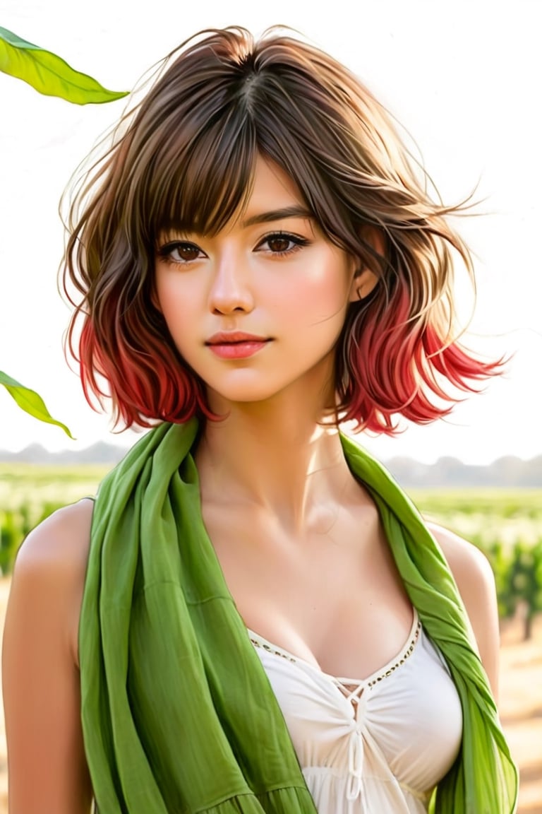 pencil Sketch of a beautiful  asian woman 22 years old, , asparagus color  hair, brown shades, short kapsels, summer  scarfe, nekles, disheveled alluring, portrait by Charles Miano, ink drawing, illustrative art, soft lighting, detailed, more Flowing rhythm, elegant, low contrast, add soft blur with thin line, full red lips, brown eyes, lime green elegante clothes.,ch3ls3a,gh3a,b3rli,SydneySweeney,DaisyEdgarJones
