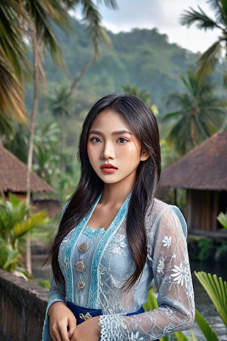 (Photorealistic, hyper_realistic, high_resolution, HD, best_quality, perfect_lighting, more sharpness, more contrast, highly_detailed, Award-winning cinematographer). In a serene traditional village on Central Java, Indonesia, a stunning 18-year-old asian girl with long hair and mesmerizing brown eyes gazes directly at the camera. Her wet lips subtly curve as she wears an exquisite blue Javanese Kebaya. The soft glow of misty mountains and lush plants dissolves into the distance, creating a dreamlike atmosphere. Vibrant colors blend harmoniously, casting a surreal spell. (more_contrast, more_realistic, more_detailed), upper-body, portrait