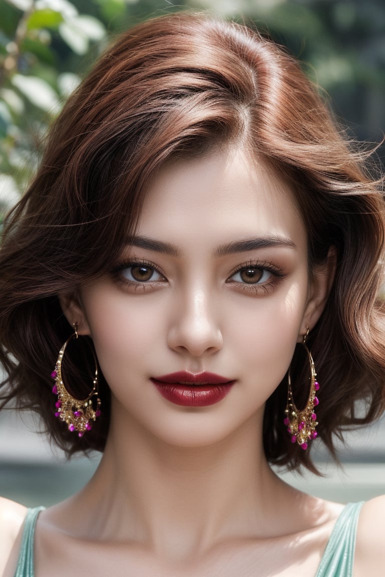 Generate hyper realistic image of a stunning woman with mesmerizing brown eyes. She has short red hair style. She wears an off-shoulder dress that accentuates her breasts. Her looks complemented by shimmering earrings that catch the light as she looks playfully at the viewer, her lips adorned with a hint of rose-colored lipstick, portrait.
