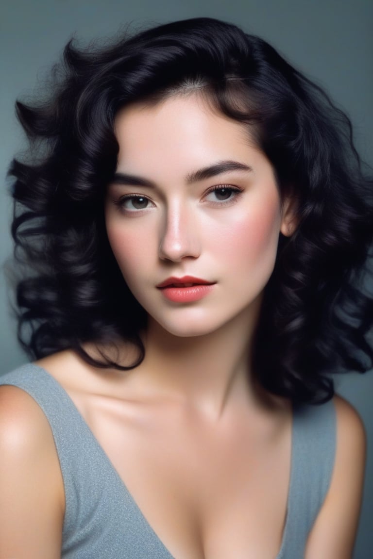 Prompt: (((Iconic 1940s age style but extremely beautiful))) (((black curly messy hair 40s age style,light rainbow in hair))) (((Pale skin and freckles, gorgeous and Voluptuous))) (((Chiaroscuro, soft light background))) (((female action poses))) (((masterpiece,minimalist, hyperrealistic,photorealistic))) (((view zoom,close-up, focal point torso))) (((By Annie Leibovitz style,by Rembrandt style)))