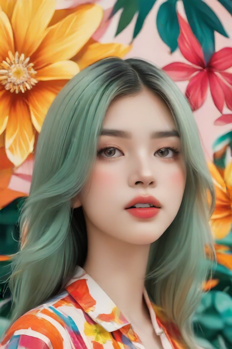 portait image of a girl which could suggest a creative or rebellious personality. The presence of the colorful background may indicate a sense of vibrancy or action associated with the character. She wears a beautiful tropical inspiration outfit. The overall composition and style are indicative of a narrative-driven genre such as comics or graphic novels, portrait, close-up