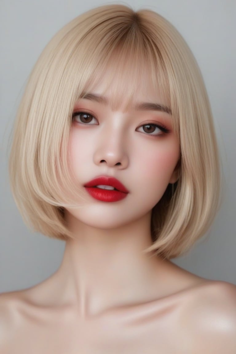 ((masterpiece, best quality, absurdities, (absurdresolution), high resolution, ultra detailed, high resolution, very fine 8KCG wallpapers)), shaded, crimson, wet lips, sensual face, realistic retinas, straight hair, Bob cut , blonde,Asian Best Face Ever