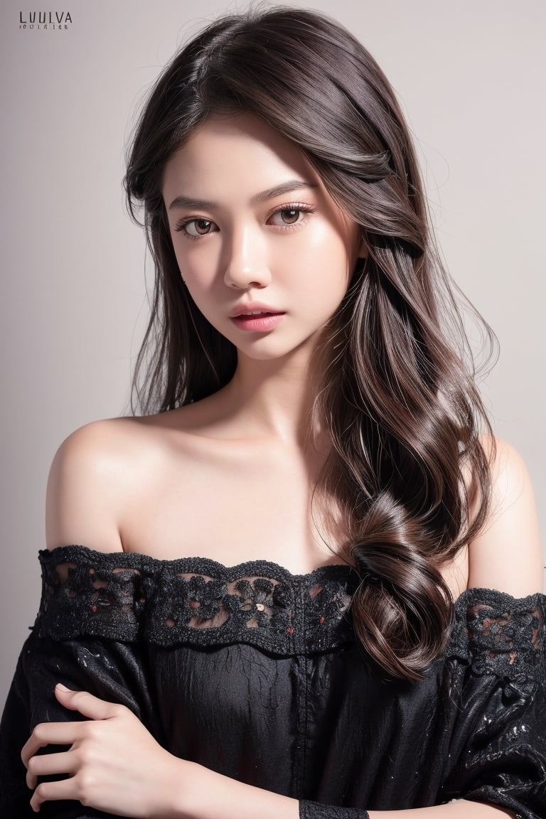 masterpiece, best quality, photorealistic, raw photo, 1girl, long hair, blouse, detailed skin, pore, off_shoulder, low key, black_background,frey4,maw4r,n4git4,berlianalovell,jesvera,mt-lunamaya,yukikato