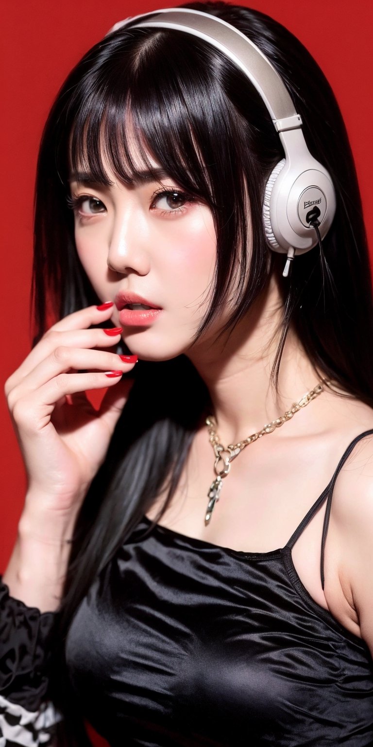 1girl, solo, long hair, looking at viewer, bangs, short black hair, hair ornament, closed mouth, upper body, hair flower, sexy hiphop clothes, red background, black eyes, lips, sash, realistic, wearing headphones,s4str0,frey4,maw4r,yukikato,Geayoub1,wul4n,berlianalovell,chines,frey4jkt48,jkt48_zee,Fuj1,nit4