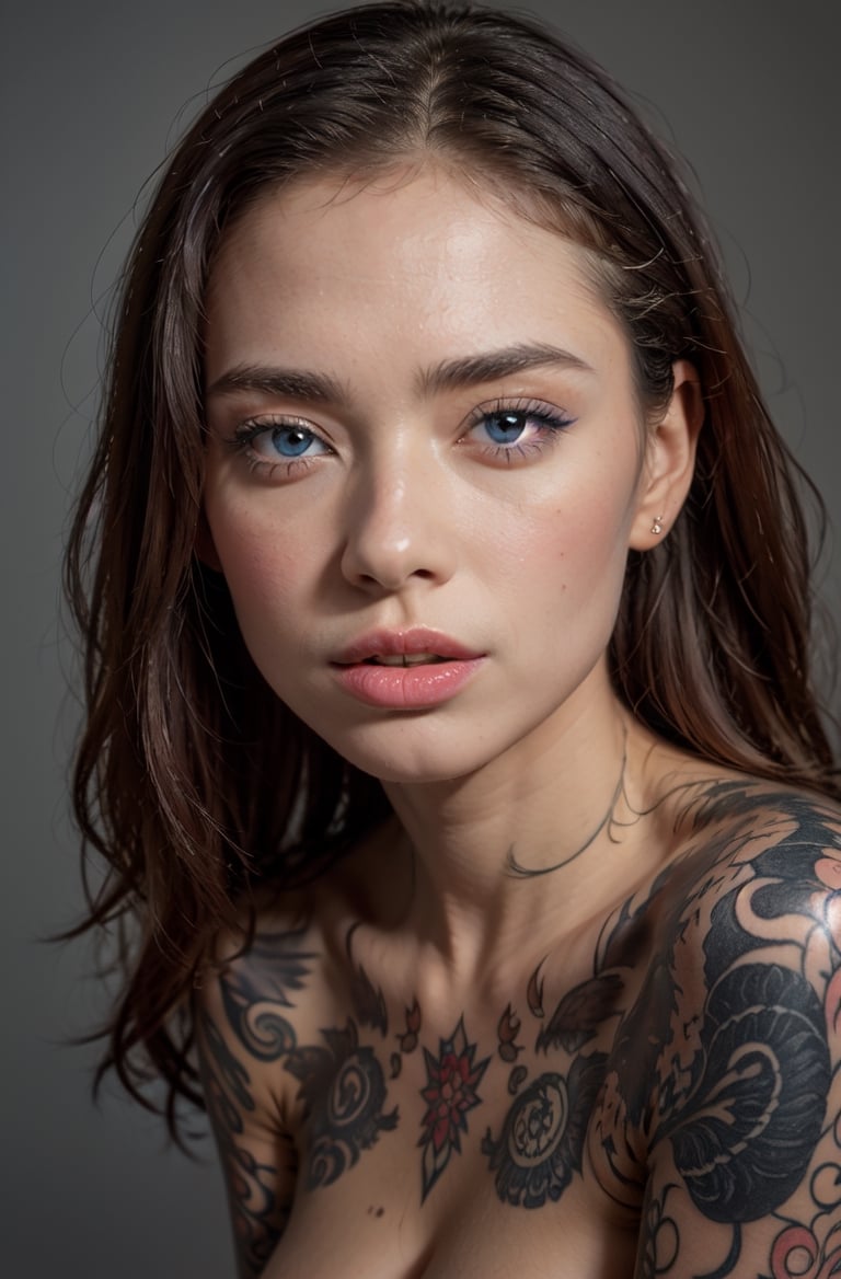 young adult girl, epic realism, natural makeup, soft eyebrow, grey hair, long hair, skinny body, medium breast, 4k, high detailed, blue eyes, eye focus, lip, piercing on side lip,nude tattoo, blue gradient background, upper-body, naked, looking viewer,frey4,4yu,pevit4,wul4n,4manda,cathwilson