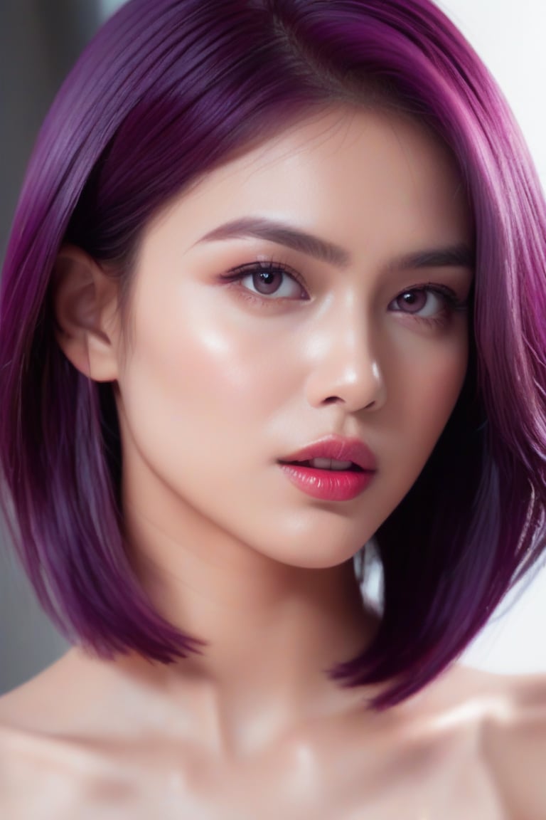 ((Masterpiece, best quality, ridiculous, (ridiculous resolution), high resolution, super detailed, high resolution, very nice 8KCG wallpaper)), shadows, deep red, wet lips, sexy face, realistic retina, straight hair, bob haircut, purple hair, best face ever in Asia