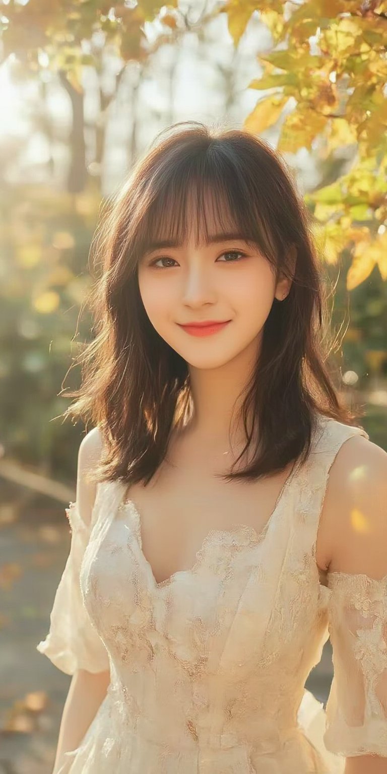 A stunning Korean girl poses confidently in a picturesque forest setting, surrounded by vibrant autumn maple leaves. She wears a delicate white lace dress that highlights her toned upper body and accentuates her impressive bust, with long black hair framing her face and bangs gently falling across her forehead. Her bright brown eyes sparkle with joy as she gazes directly at the viewer, exuding happiness and contentment. The soft sunlight filters through the trees, casting a warm glow on her features. (face close-up:1.4)