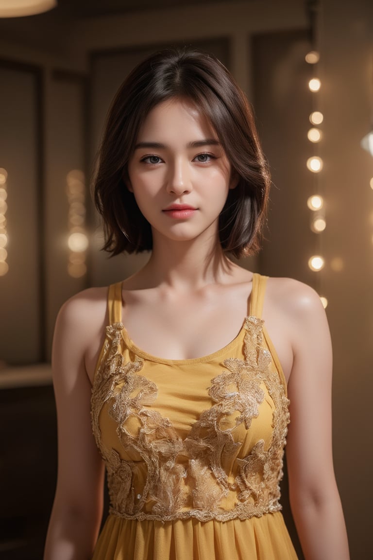 Close-up portrait of a cute Thai woman with bob short hair, elegantly dressed in a flowing golden evening gown, standing at a luxurious beachfront club. The warm, soft glow from the string of warm light bulbs casts a gentle light on her face, creating a cozy and inviting atmosphere. The background is blurred with beautiful bokeh effects, adding a touch of dreaminess to the scene. The woman’s expression is serene and content as she enjoys the ambiance of the night, with the sound of gentle waves in the background. The image is captured in 8k resolution, focusing on the warmth of the lighting and the delicate details of the golden gown and surroundings.