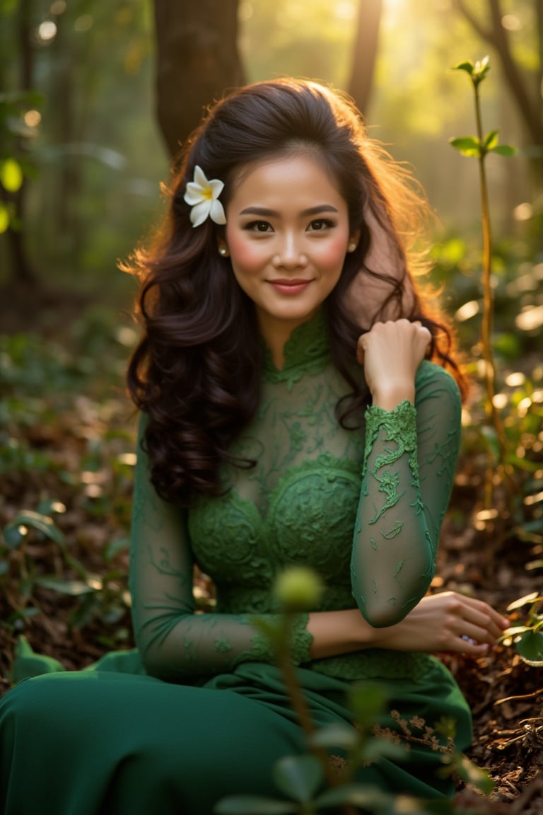 A serene and captivating portrait of a beautiful thai woman. The subject sits elegantly amidst a lush forest, adorned in a green traditional kebaya dress, her curly brown locks framing her radiant face. Her smile, though closed-mouthed, still conveys warmth as subtle dimples appear on her cheeks. Delicate flowers adorn her hair, adding a touch of whimsy to the composition. The warm sunlight filters through the trees, casting gentle rays that illuminate her features and the intricate details of her dress.