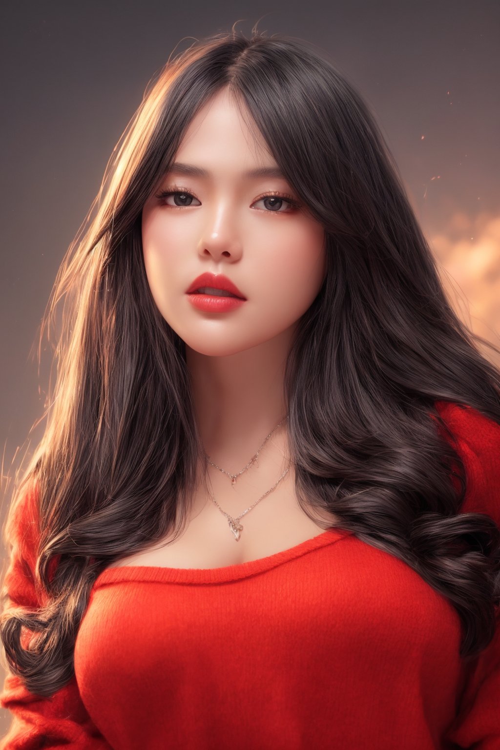 Mustepiece, top quality, illustration, ultra-definition, fine details, high resolution, 8K wallpaper, perfect dynamic composition, 1 girl, solo, 28 yo, Japanese, beautiful eyes in detail, (light red color knit sweater), dark brown Straight long hair, natural color lips, necklace, (large breasts:1.2), random pose, (from below:1.1), three quarter Length, moonlight, photoreal