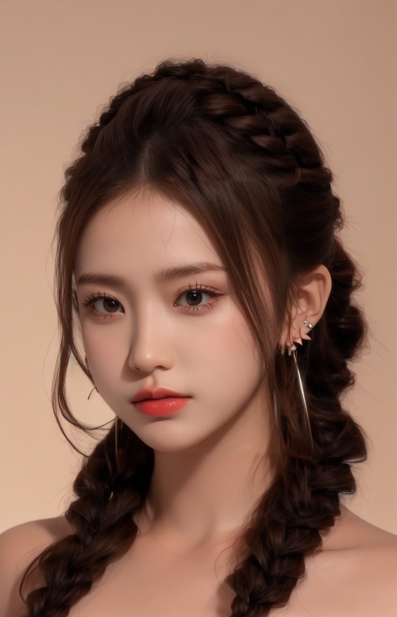 16K, 1girl, solo, long hair, looking at viewer, simple background, smile, closed mouth, brown hair, brown eyes, jewelry, earrings, lips, portrait, reality, braid, makeup, lipstick, bare shoulders, nude, Symmetrical ponytails,est4