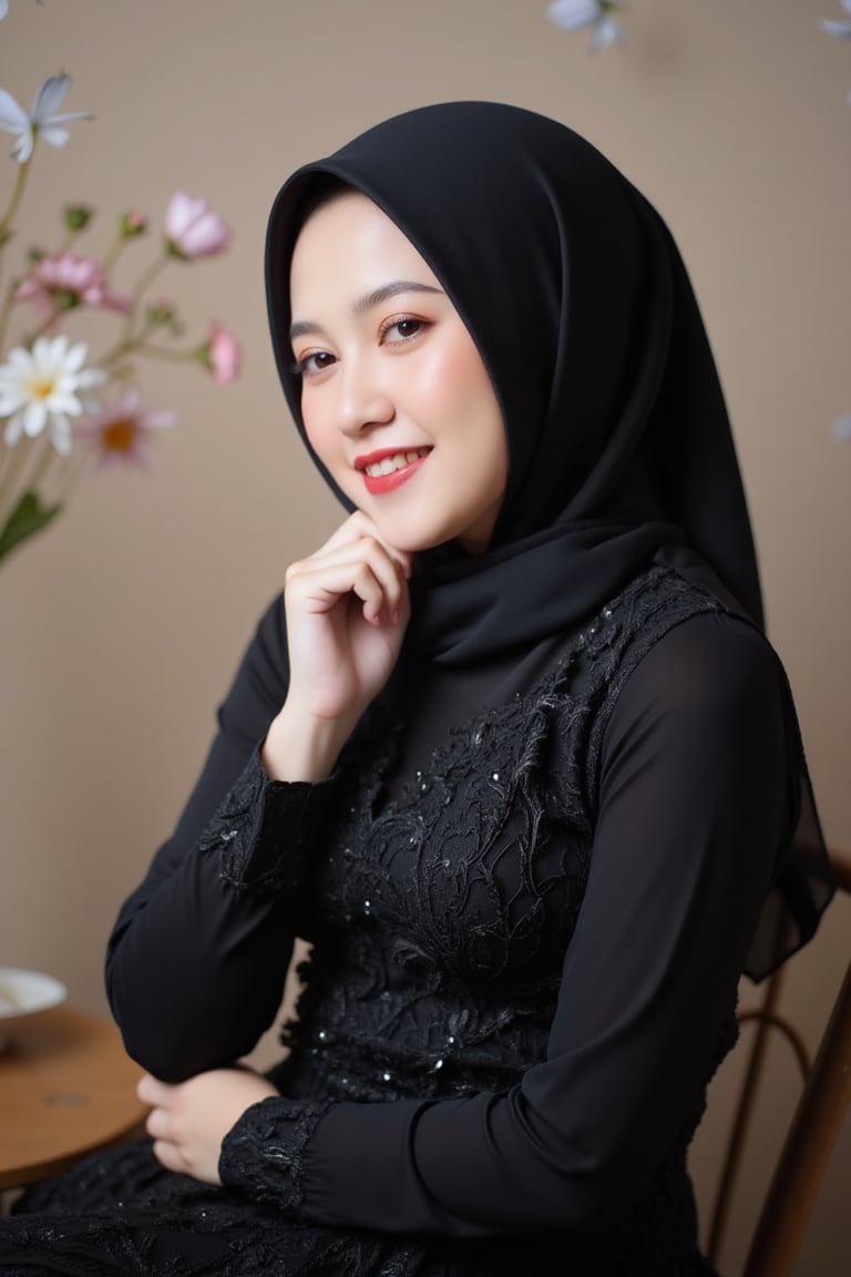 A serene young indonesian beauty, smiling, her elegant black color hijab locks cascading down her back, radiates elegance in a black long sleeve that hugs her slender frame. Softly lit, her pale skin glows amidst a whimsical backdrop of birds and blooming flowers, their intricate details adding to the visual feast. Delicate lace patterns dance across her dress, as she strikes a gentle pose, exuding innocence and charm.,Enhanced all,luxury style, upper-body, portrait, close-up