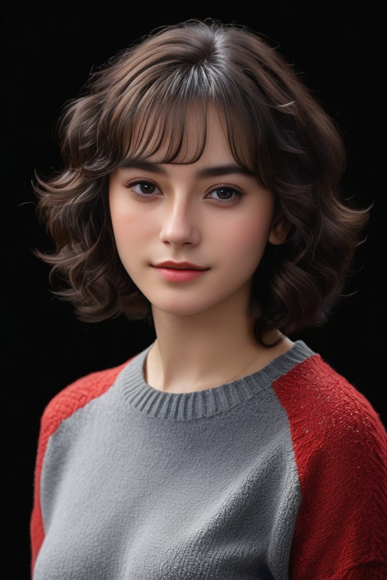 masterpiece, best quality, ultra-detailed, ultra high res, (photorealistic:1.4), raw photo, (realistic:0.2), 8k HDR, realistic lighting, 1girl, solo, looking at viewer, short curly hair, (detailed oily skin), black eyes, (detailed face), (simple black background:1.1), (upper body:1.2), collared red sweater