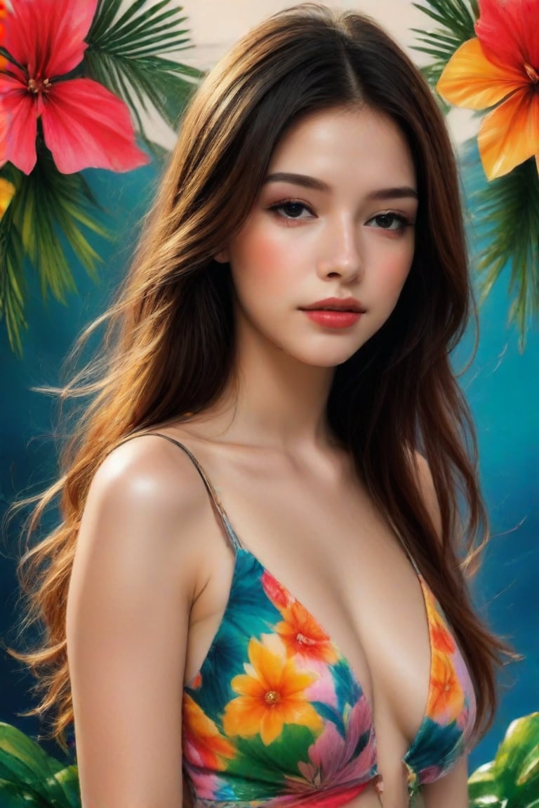 portait image of a girl which could suggest a creative or rebellious personality. The presence of the colorful background may indicate a sense of vibrancy or action associated with the character. She wears a beautiful tropical inspiration outfit. The overall composition and style are indicative of a narrative-driven genre such as comics or graphic novels, portrait, close-up