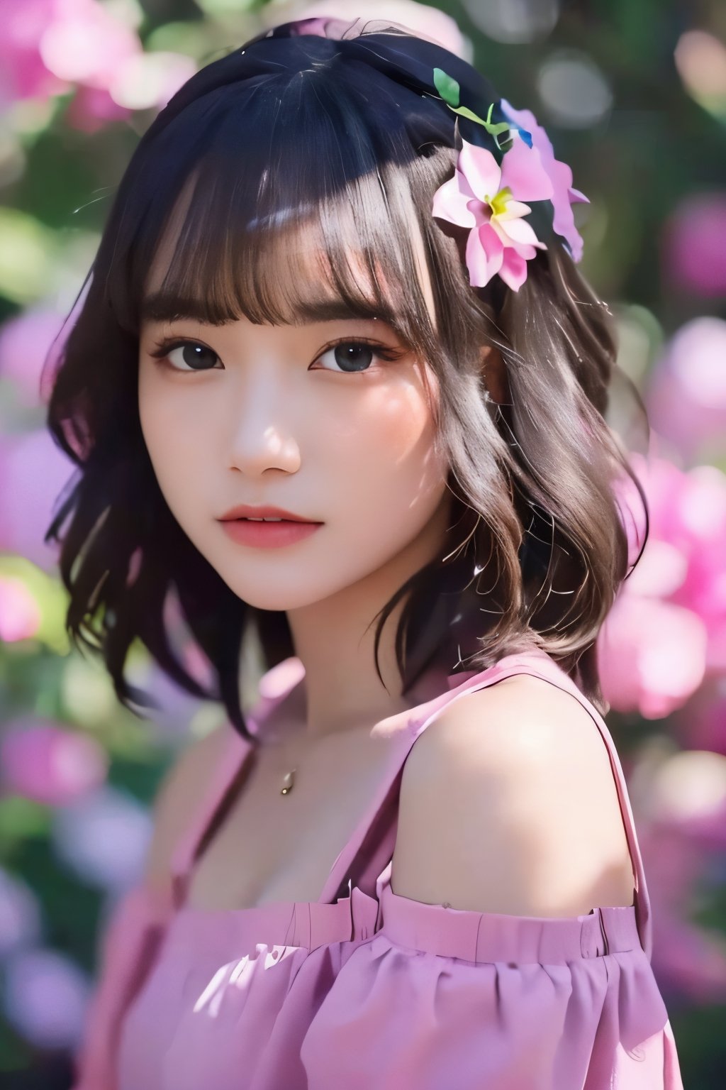 best qualtiy,tmasterpiece,A high resolution,1girll,Dingdall effect,realisticlying,edge lit,twotonelighting,（highdetailskin：1.2）,8K  UHD,Pure,Sweet,Flower background,Colorful background,Based on physical rendering,Perfect light and shadow,extreme hight detail,Pink tones,Eye reflections,Raised sexy,perfect bodies,Superb beauty,largeeyes,long eyelasher,Delicate eyes,large shiny eyes,Minor pupillary reflexes,Shoulder and neck details,The pupil texture is delicate,Perfect eyes,Black pupils,best qualtiy,tmasterpiece,16k,A picture,head portrait,Bigchest,longer sleeves,Take care of your chest,Large breasts,Delicate avatar, half body, ,frey4