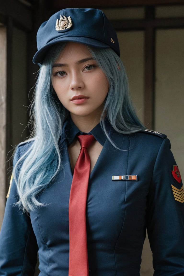 A young woman in a blue military uniform stands solo, looking directly at the viewer with an intense gaze. Her bangs frame her face, and her shirt is covered by a jacket with long sleeves. Her eyes glow red as she wears black gloves and a necktie, adding to the mysterious atmosphere. White and blue hair peeks out from under her hat, which matches the color of her military uniform. The framing of the shot focuses on her upper body, drawing attention to her closed mouth and piercing gaze, photorealistic:1.3, best quality, masterpiece,MikieHara,