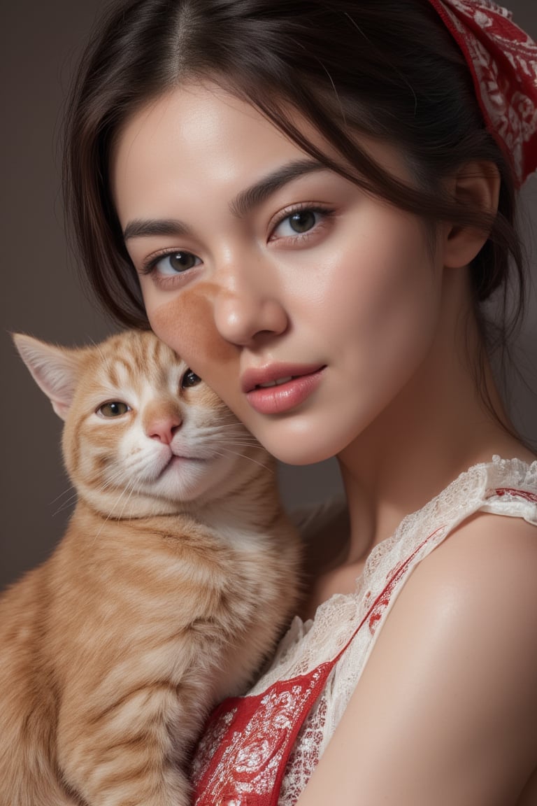 Full body,a close up portrait of a young beautiful artist, beautiful eyes, chignon, black hair with dark brown streak hair, bright clean skin, old art studio background, vintage background,  Art tools in the background, nice mood, holding a beautiful ginger cat in her arm, small bandanna, art tools, paper rolls, vintage coffee cups,ncg, flat colors, 1girl, most beautiful korean girl, Korean beauty model, idol face, gorgeous girl, an extremely cute and beautiful girl, highly detailed beautiful face and eyes, over sized eyes, big eyes, smiling, 18 year old gravure model, perfect body, looking at viewer