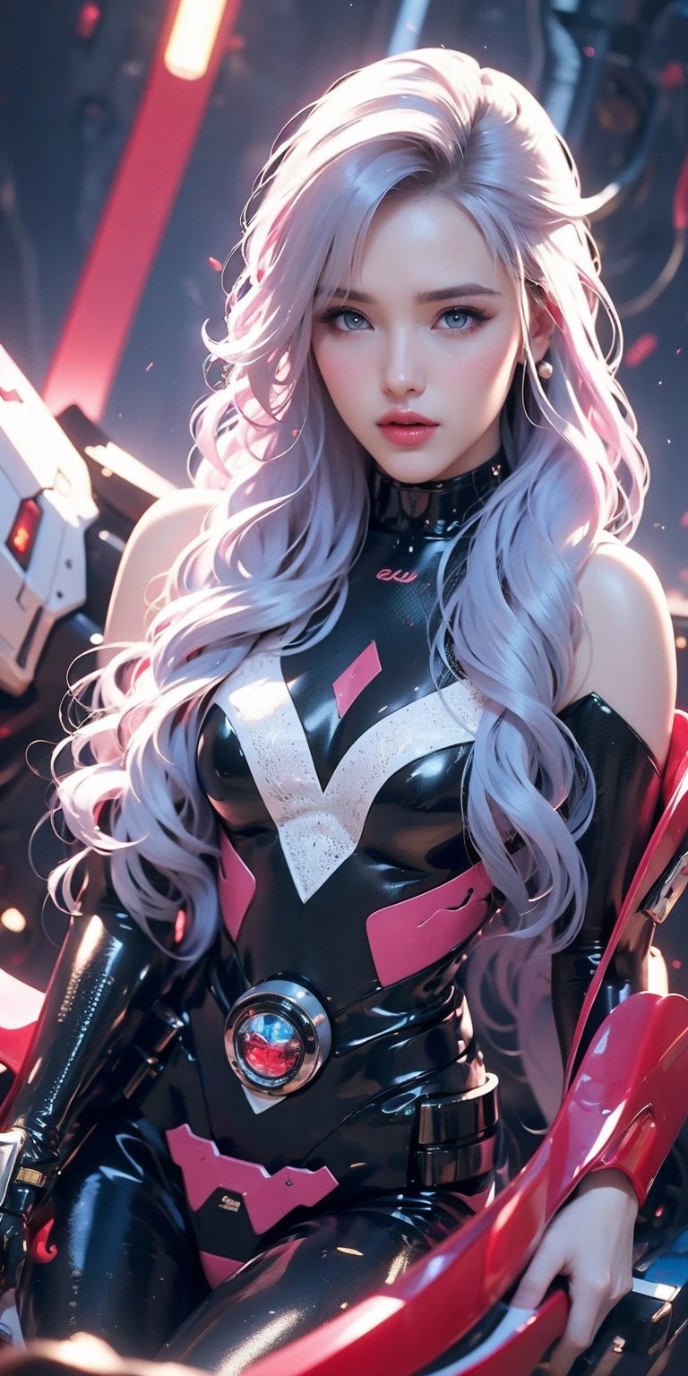 Best picture quality, high resolution, 8k, realistic, sharp focus, realistic image of elegant lady, Korean beauty, supermodel, pure white hair, blue eyes, wearing high-tech cyberpunk style blue Batgirl suit, radiant Glow, sparkling suit, mecha, perfectly customized high-tech suit, ice theme, custom design, 1 girl,swordup, looking at viewer,JeeSoo ,frey4,4yu