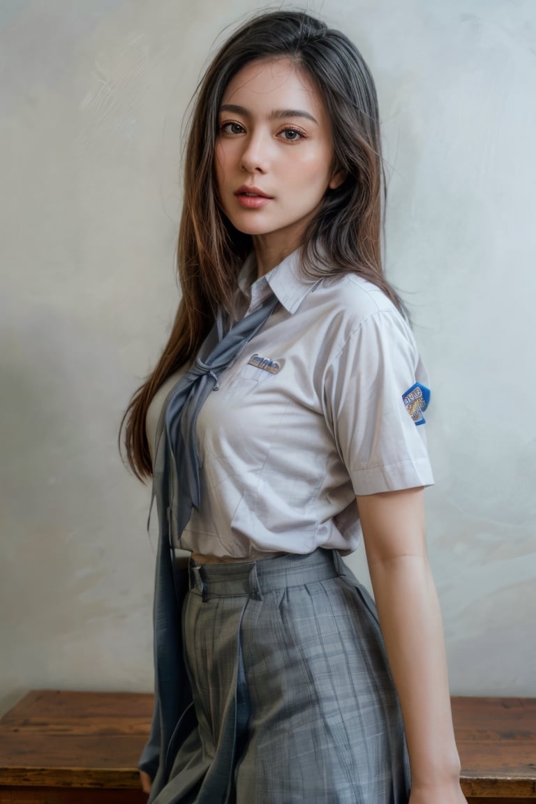 (masterpiece, best quality, photorealistic), 1girl, black hair, brown eyes, small boobs, detailed skin, pore, lovely expression, close mouth, full-body, beauty model, White background, Detailedface, Realism, Epic ,Female, Raw photo, Photography, tidy uniform, sma_uniform, high school uniform, white shirt, grey skirt, Photorealism,wul4n,frey4,ti4r4,bc1,Fuj1,pevit4