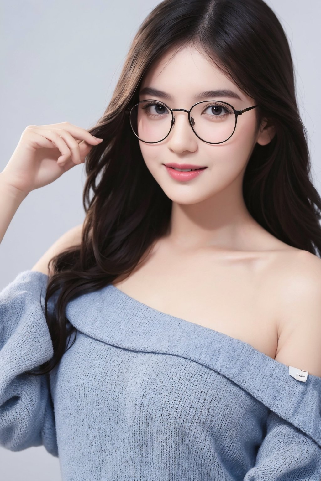 masterpiece, best quality, photorealistic, raw photo, 1girl, glasses, long hair, daily outfit, light smile, detailed skin, pore, off_shoulder, low key, black_background,n4git4,Fuj1,bul4n,Chatezz,syifa4,j3s1