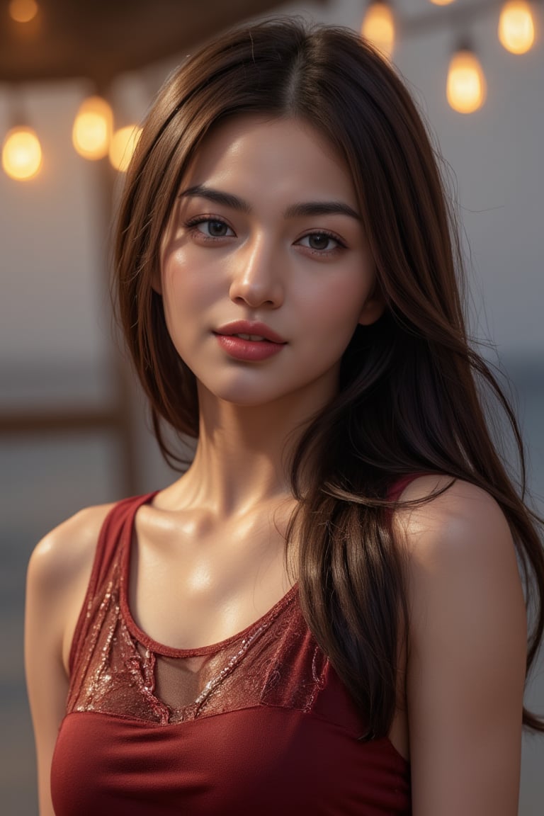 Close-up portrait of a cute Thai woman with bangs, elegantly dressed in a flowing evening gown, standing at a luxurious beachfront club. The warm, soft glow from the string of warm light bulbs casts a gentle light on her face, creating a cozy and inviting atmosphere. The background is blurred with beautiful bokeh effects, adding a touch of dreaminess to the scene. The woman’s expression is serene and content as she enjoys the ambiance of the night, with the sound of gentle waves in the background. The image is captured in 8k resolution, focusing on the warmth of the lighting and the delicate details of the gown and surroundings.