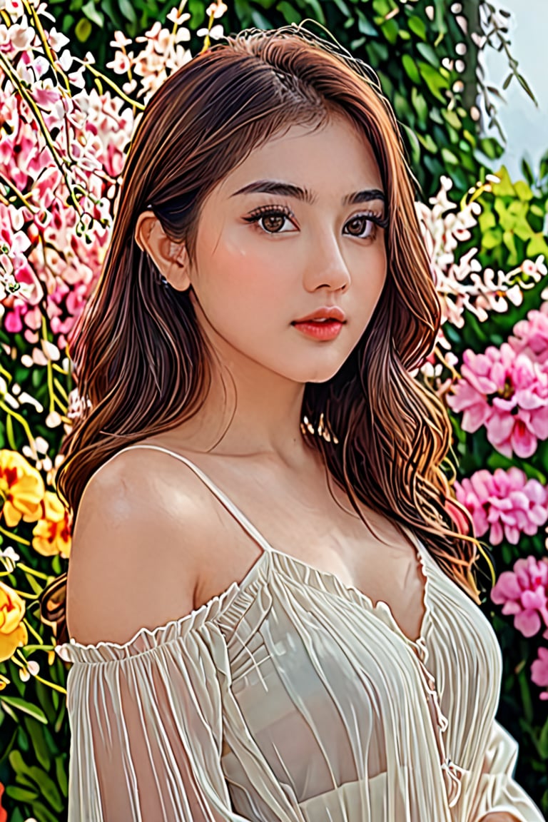 Masterpiece, HD, 8K, A captivating and minimalist illustration of a 20-year-old woman. The upper body, the face is drawn at a 45-degree angle in the center, and delicate touches of pastel accentuate her (high-topped hair color), large eyes, plump cheeks and lips, beautiful white skin and small face with elegant touches. Similar to the touch of Fakhtali Abderrahim, fragile and delicate, the background is a space surrounded by many luminous flowers, and the colorful, magical and mysterious presence is reflected in the expression.,ZeeJKT48,b3rli,ch3ls3a,gh3a