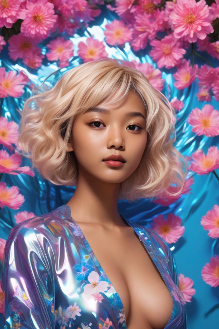 In a stunning portrait, September Ai, a HONG KONG Girl with brown skin and short messy hair, lies from the front point pose, exuding high fashion elegance. Against a flowing neon-holographic floral background, iridescent vaporwave effects dance around her. The overall composition is fluid, with delicate flowers swirling behind her. A realistic illustration of this beauty, featuring long blonde hair, is reminiscent of Flat vector art. score_9, score_8_up, score_7_up, score_6_up,School_girl,gh3a,ZeeJKT48,tiar4