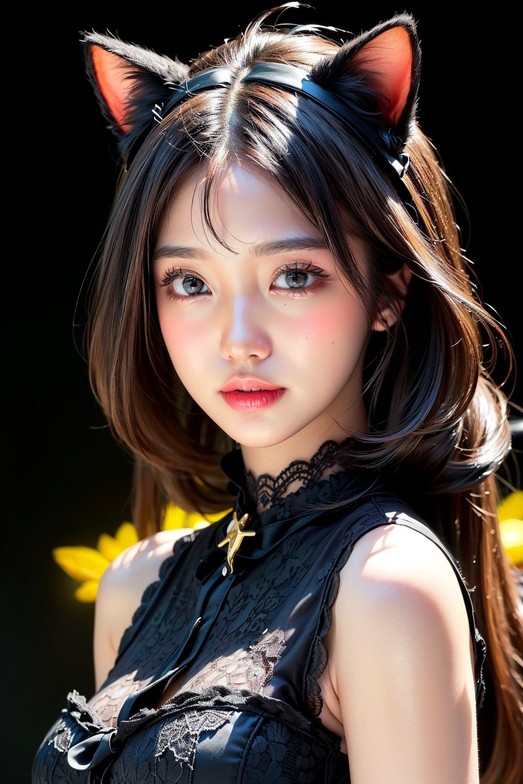 (photorealistic:1.4), (anime colored:1.5),(masterpiece, sidelights, exquisite gentle eyes), (character focus,face focus, close to viewer, portrait, masterpiece) , realistic skin, cute face, 3D face, (black long hair), (blunt bangs:1.3),(1girl, most beautiful korean girl, stunningly beautiful girl, gorgeous girl, 18yo, over sized eyes, big eyes, looking at viewer), (gold eyes:1.3), (cowboy shot:1.5), (sleeveless lace black sundress :1.5), (kind face), (bell on collar:1.3), (cat ears,cat tails:1.3), (cute face), (happy:1.5), Gentle face,(medium breasts), (gradient background), (glowing eyes), neat and clean, adorable, Slim Body,(tsurime:1.5), shiny hair, shiny skin,masterpiece