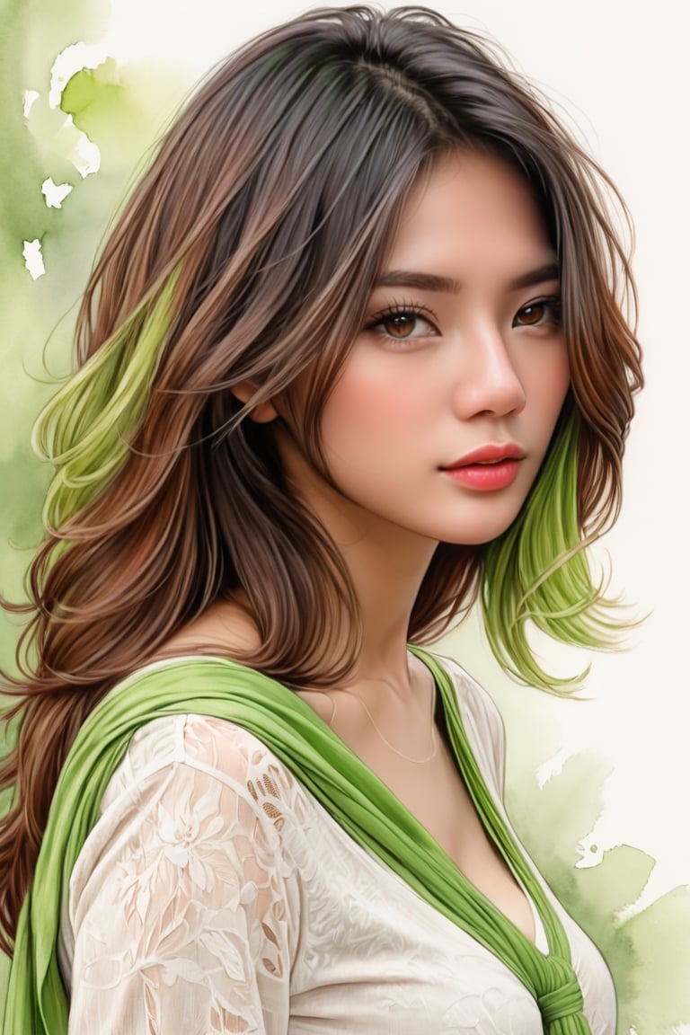 pencil Sketch of a beautiful  asian woman 22 years old, , asparagus color  hair, brown shades, short kapsels, summer  scarfe, nekles, disheveled alluring, portrait by Charles Miano, ink drawing, illustrative art, soft lighting, detailed, more Flowing rhythm, elegant, low contrast, add soft blur with thin line, full red lips, brown eyes, lime green elegante clothes.,ch3ls3a,gh3a,b3rli