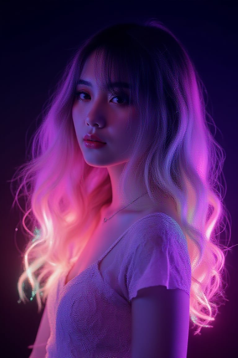 A hyperrealistic portrait of a kawaii girl with long, curly, wavy neon rainbow light hair cascading down her back like a Technicolor dream. Her porcelain skin glows with a soft luminescence against the dark studio's cyberpunk backdrop, adorned with intricate lace patterns. Rendered in Octane, every detail shines with photorealistic precision.