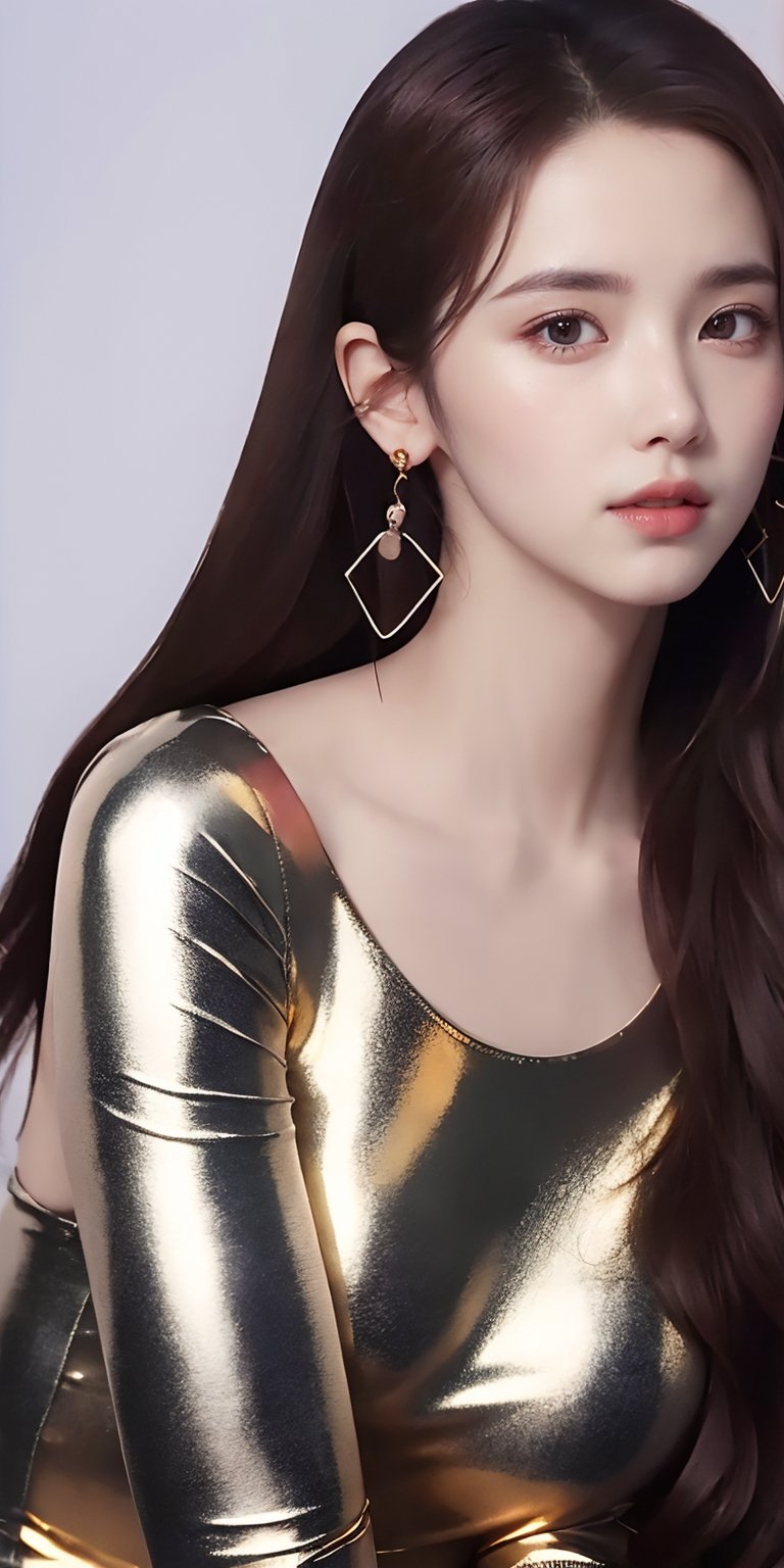 1girl, solo, long hair, looking at viewer, black hair, brown eyes, jewelry, upper body, flower, earrings, black eyes, lips, metallic clothes, hair over shoulder, realistic, nose, futuristic clothes,s1nt1a,yoona