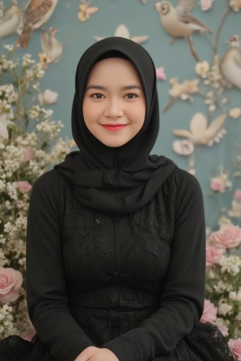 A serene young indonesian beauty, smiling, her elegant black color hijab locks cascading down her back, radiates elegance in a black long sleeve that hugs her slender frame. Softly lit, her pale skin glows amidst a whimsical backdrop of birds and blooming flowers, their intricate details adding to the visual feast. Delicate lace patterns dance across her dress, as she strikes a gentle pose, exuding innocence and charm.,Enhanced all,luxury style, upper-body, portrait, close-up