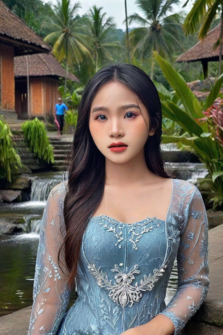 (Photorealistic, hyper_realistic, high_resolution, HD, best_quality, perfect_lighting, more sharpness, more contrast, highly_detailed, Award-winning cinematographer). In a serene traditional village on Central Java, Indonesia, a stunning 18-year-old asian girl with long hair and mesmerizing brown eyes gazes directly at the camera. Her wet lips subtly curve as she wears an exquisite blue Javanese Kebaya. The soft glow of misty mountains and lush plants dissolves into the distance, creating a dreamlike atmosphere. Vibrant colors blend harmoniously, casting a surreal spell. (more_contrast, more_realistic, more_detailed), upper-body, portrait, looking at viewer